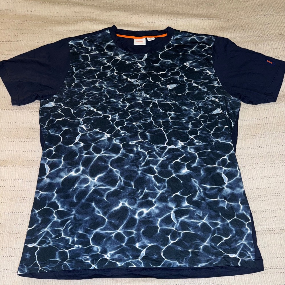 SWIMS Mens XL Water Ripple Graphic‎ T-Shirt Navy Blue Short Sleeve Crewneck